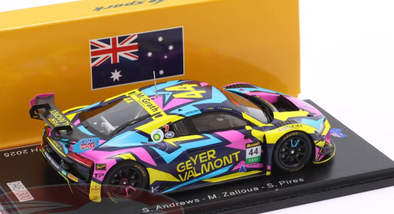 1/43 Spark Audi R8 LMS EVO II No.44 Geyer Valmont Racing Bathurst 12H 2025 S. Andrews - M. Zalloua - S. Pires Car Model