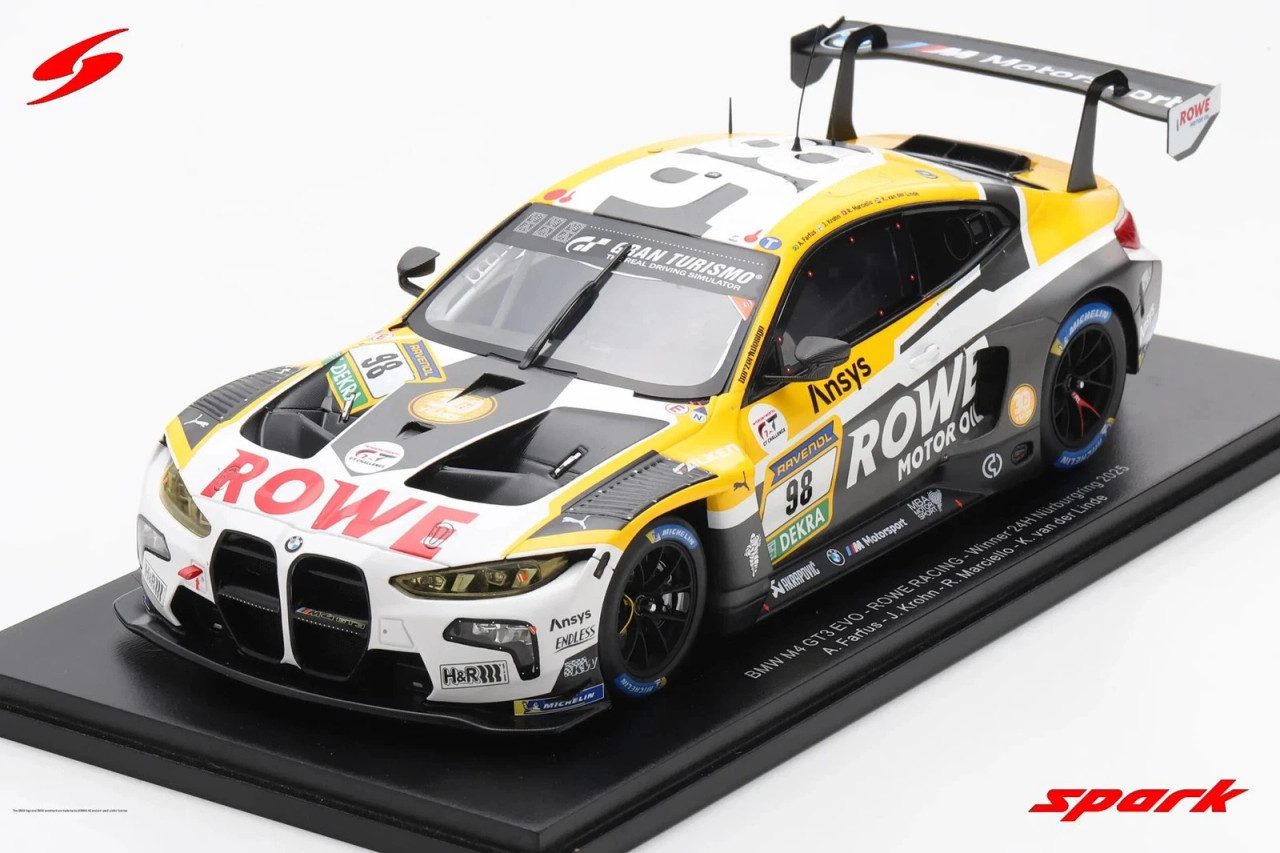 1/18 Spark BMW M4 GT3 EVO No.98 ROWE RACING Winner 24H Nürburgring 2025 A. Farfus - J. Krohn - R. Marciello - K. van der Linde Car Model