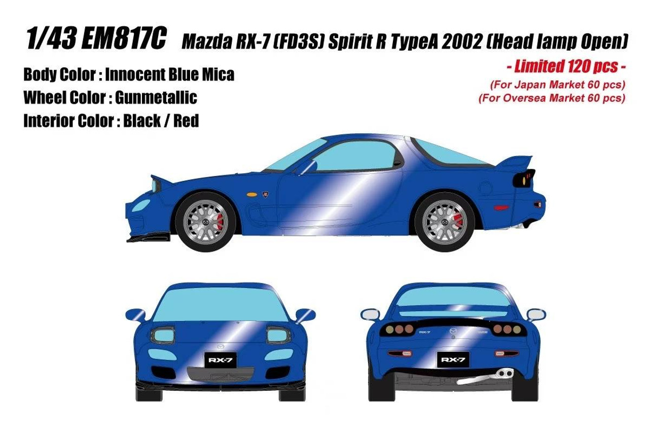 1/43 Makeup 2002 Mazda RX7 RX-7 (FD3S) Spirit R Type A with Head Lamp Open (Innocent Blue Mica) Car Model