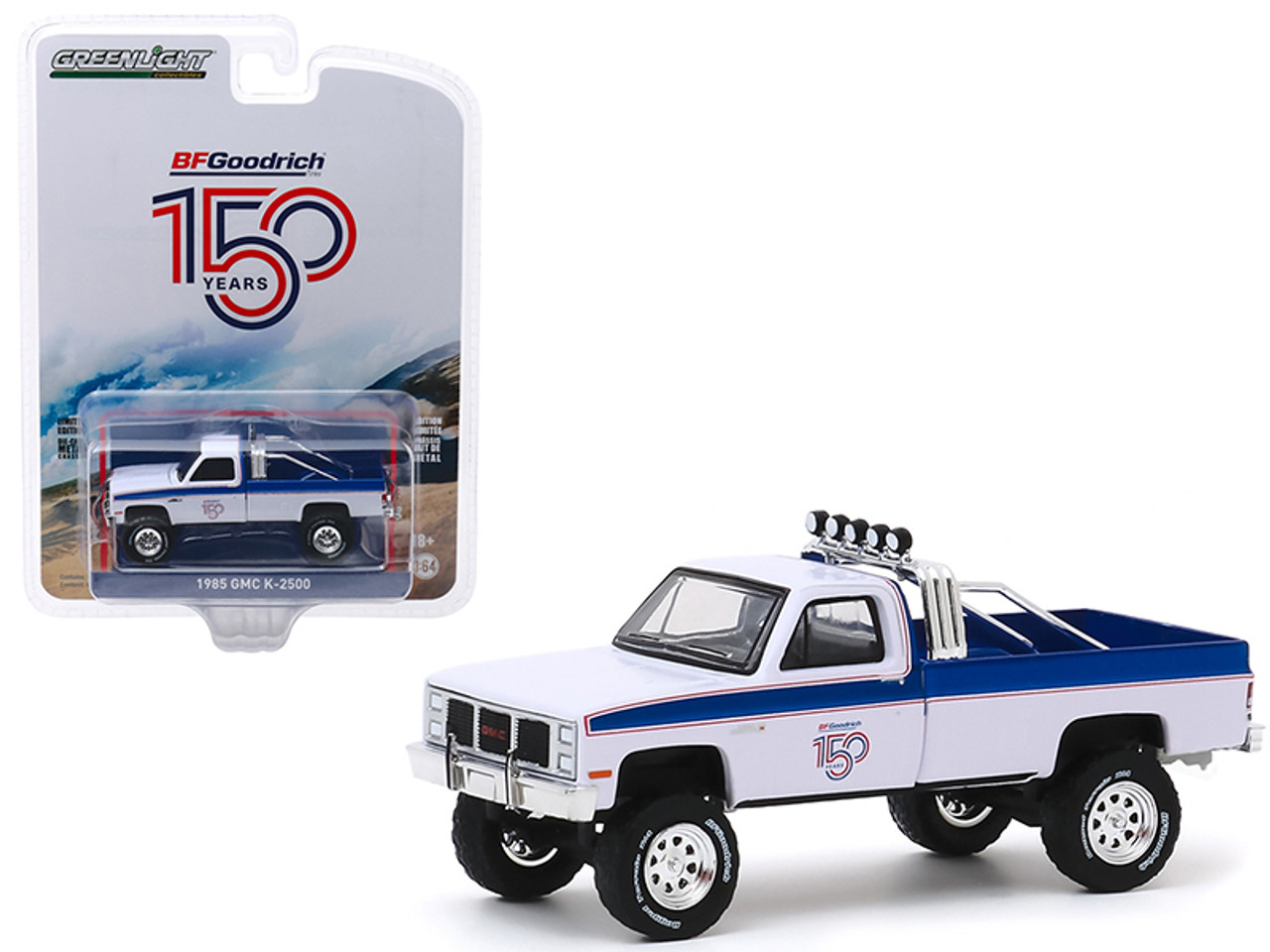 1985 GMC K-2500 Pickup Truck White with Blue Stripes "BFGoodrich 150th Anniversary" "Anniversary Collection" Series 10 1/64 Diecast Model Car by Greenlight