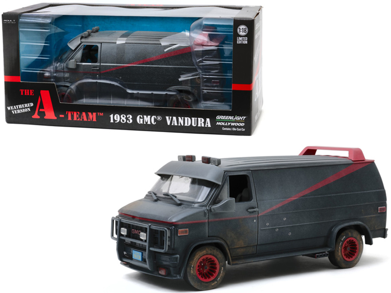 1/18 Greenlight 1983 GMC Vandura Black Weathered Version with Bullet Holes "The A-Team" (1983-1987) TV Series Diecast Car Model