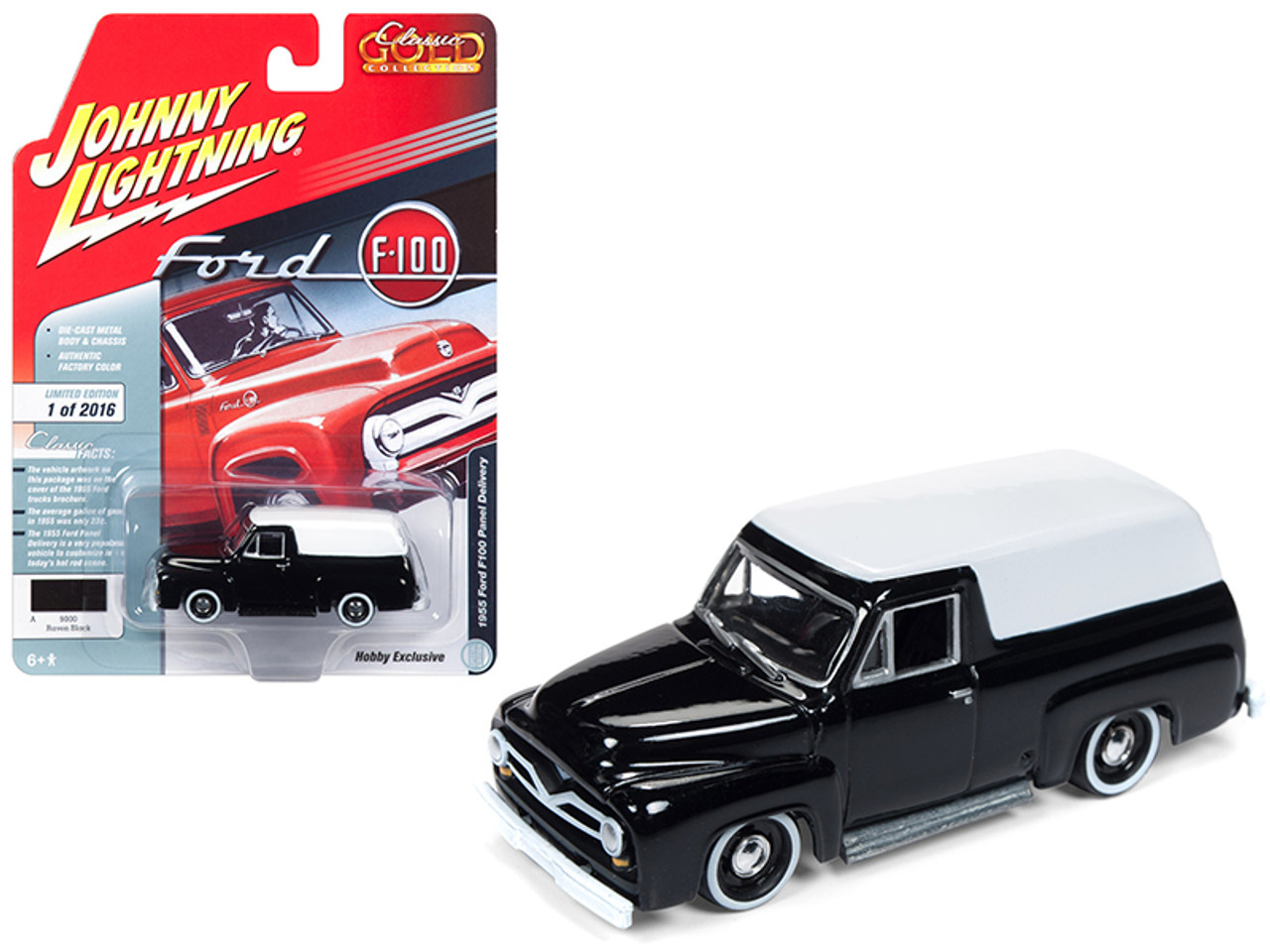 1955 Ford F100 Panel Delivery Gloss Black with White Top "Classic Gold" Limited Edition to 2,016 pieces Worldwide 1/64 Diecast Model Car by Johnny Lightning