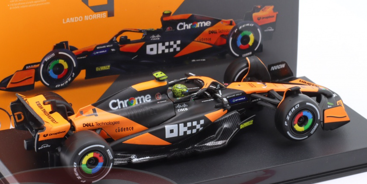CRACKED CASE AS-IS 1/43 BBurageo 2024 Formula 1 Lando Norris McLaren MCL38 #4 Winner Miami GP Car Model with Driver Figure