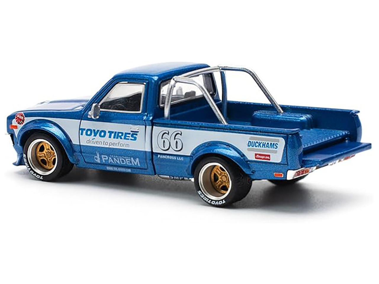 Datsun Pandem 620 Pickup Truck #66 Blue Metallic with White Stripes and Graphics 1/64 Diecast Model Car by Pop Race