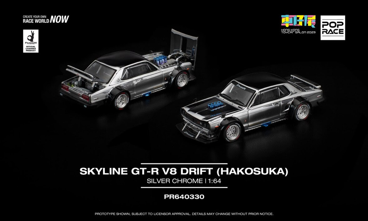 1/64 Poprace Nissan Skyline GT-R GTR V8 Drift Hakosuka Event Special (Silver Chrome) Diecast Car Model