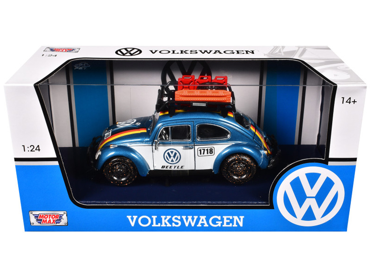 1/24 Motormax 1966 Volkswagen Beetle Off Road Custom (White & Blue) Diecast Car Models