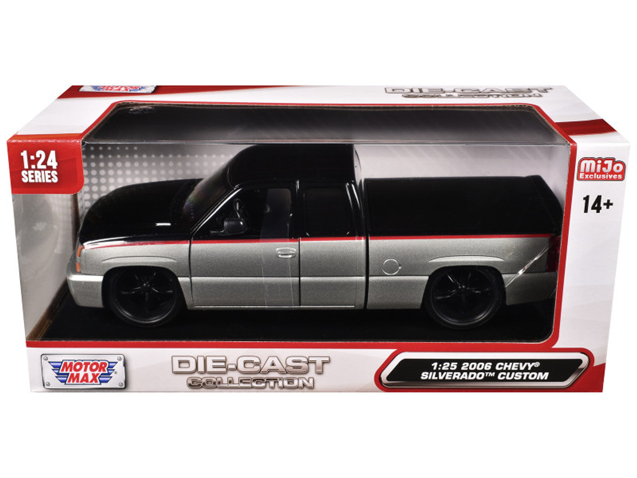 1/25 Motormax 2006 Chevrolet Silverado Extended Cab Custom (Silver & Black) Diecast Car Models