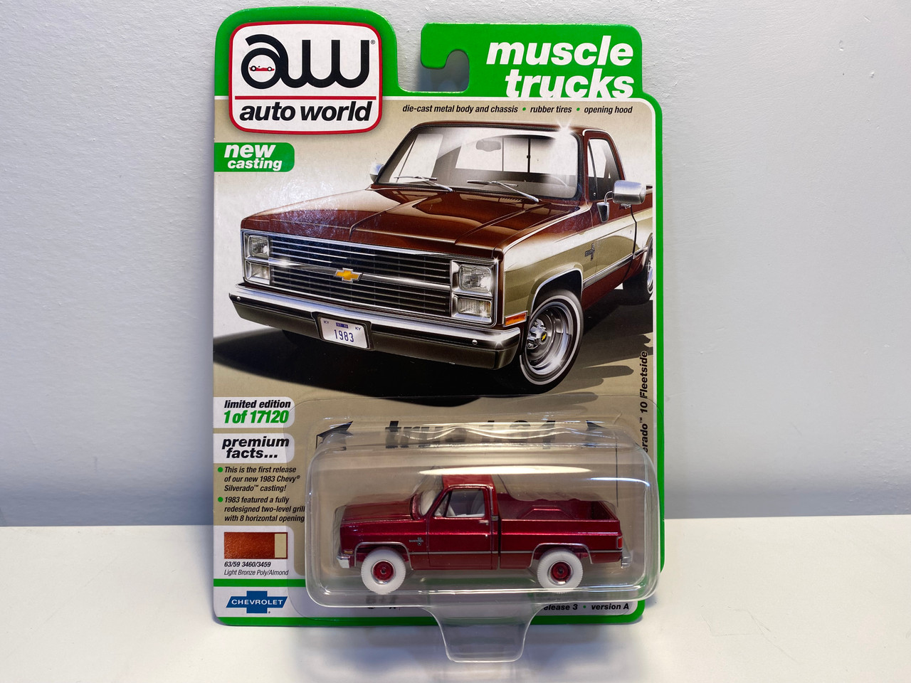 CHASE CAR 1/64 Auto World 1983 Chevrolet Silverado 10 Fleetside Pickup Truck (Metallic Red with White Wheels) Diecast Car Model CHASE CAR 1/64 Auto World 1983 Chevrolet Silverado 10 Fleetside Pickup Truck (Metallic Red with White Wheels) Diecast Car Model