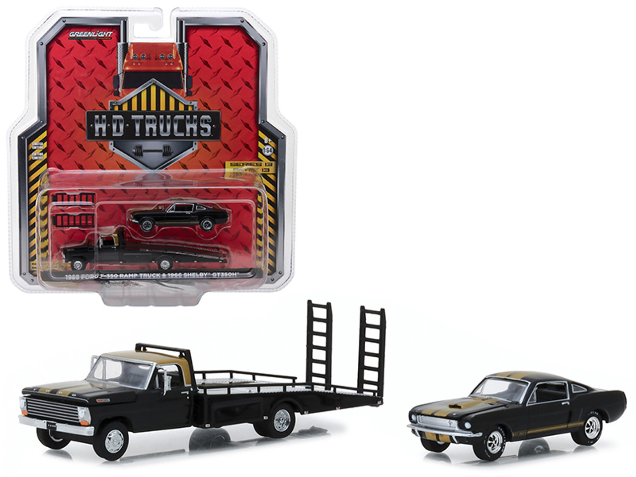 1968 Ford F-350 Ramp Truck and 1966 Shelby GT350H Black with Gold Stripes HD Trucks Series 13 1/64 Diecast Models by Greenlight