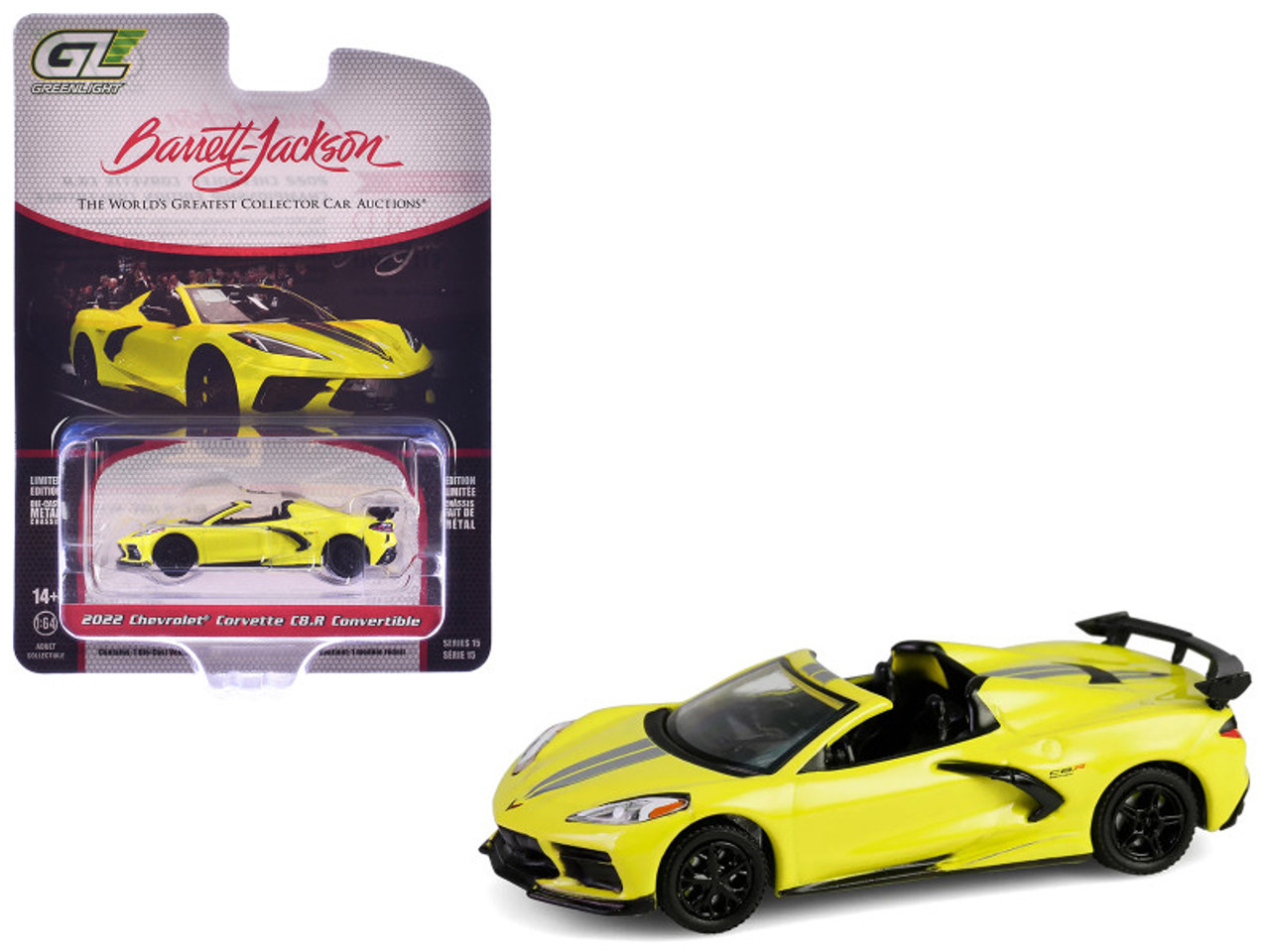 2022 Chevrolet Corvette C8.R Convertible Yellow with Silver Stripes "Barrett-Jackson" Series 15 1/64 Diecast Model Car by Greenlight