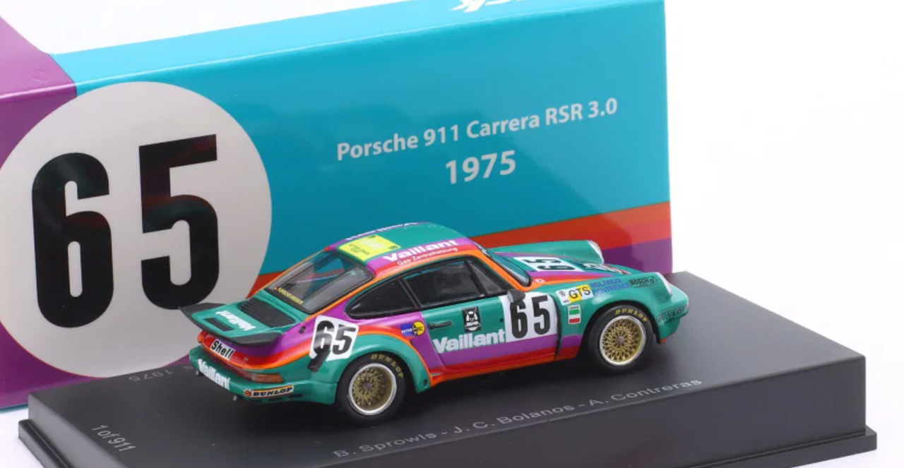 1/64 Spark Porsche 911 Carrera RSR 3.0 No.65 24H Le Mans 1975 B. Sprowls - J. Carlos Bolanos - A. Contreras Car Model