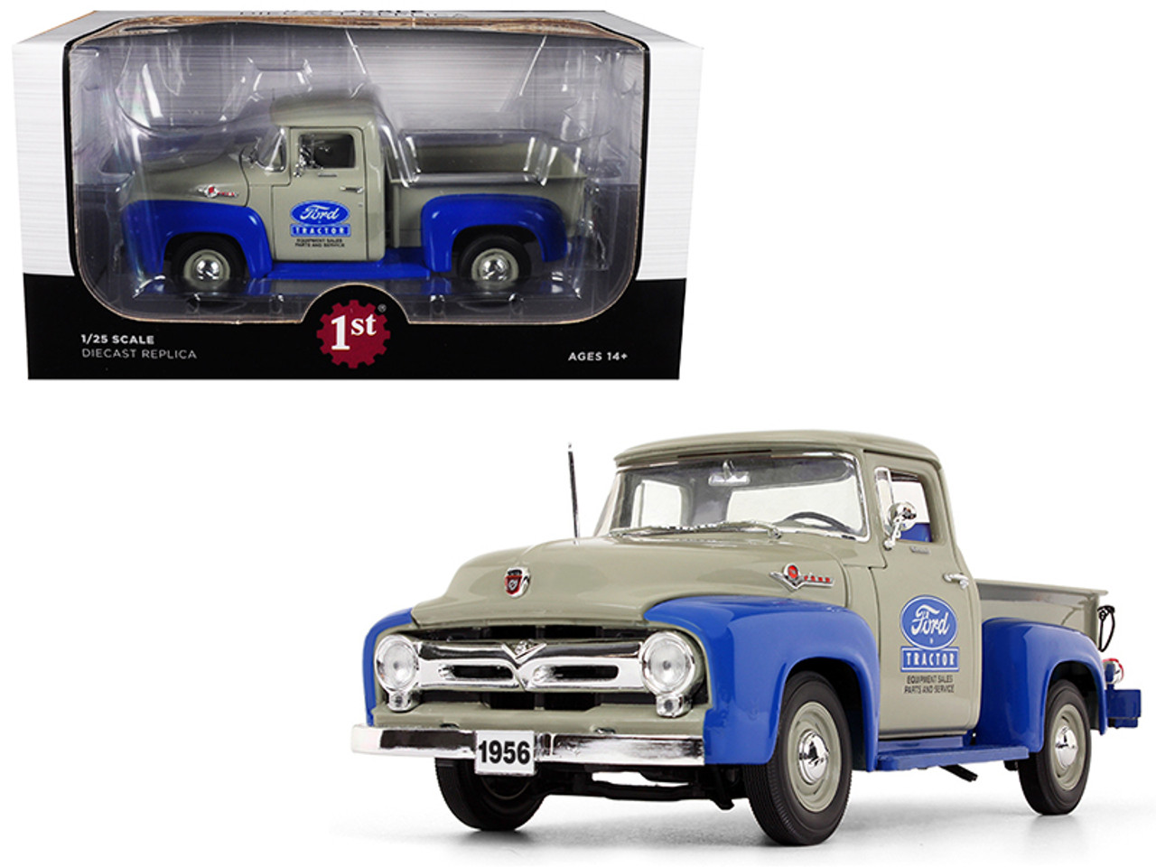 1956 Ford F-100 Pickup Truck High Feature "Ford Tractor Equipment Sales" Gray and Blue 1/25 Diecast Model Car by First Gear