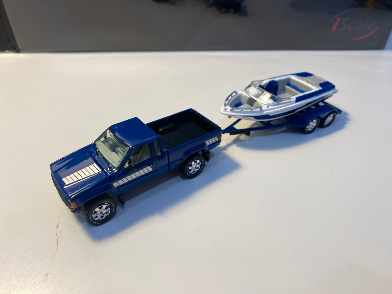 NO BOX AS-IS 1/64 Johnny Lightning 1985 Toyota SR5 Pickup with Malibu Speed Boat Trailer (Blue) Diecast Models NO BOX AS-IS 1/64 Johnny Lightning 1985 Toyota SR5 Pickup with Malibu Speed Boat Trailer (Blue) Diecast Models