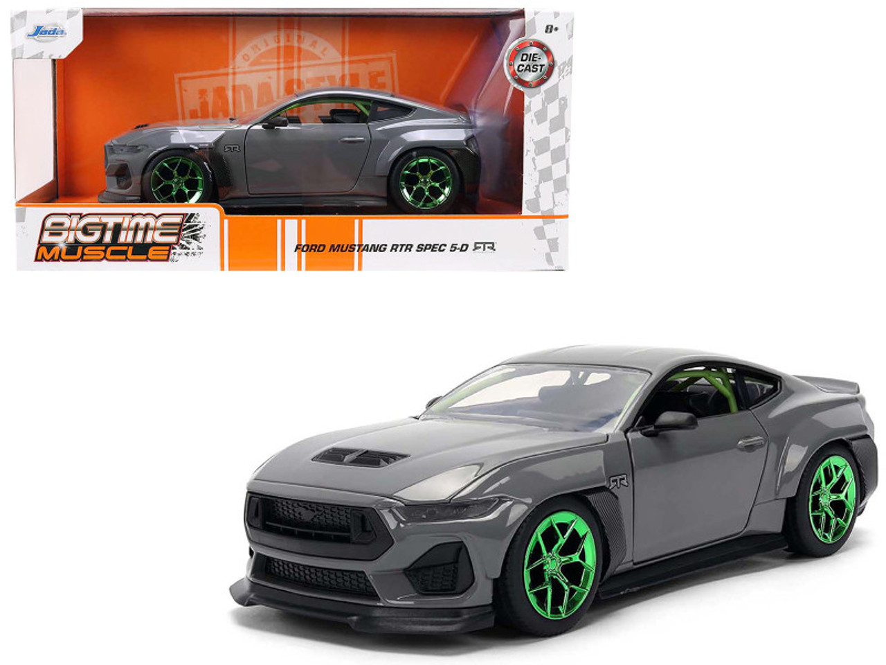 2024 Ford Mustang RTR Gray with Green Wheels "Bigtime Muscle" Series 1/24 Diecast Model Car by Jada 2024 Ford Mustang RTR Gray with Green Wheels "Bigtime Muscle" Series 1/24 Diecast Model Car by Jada
