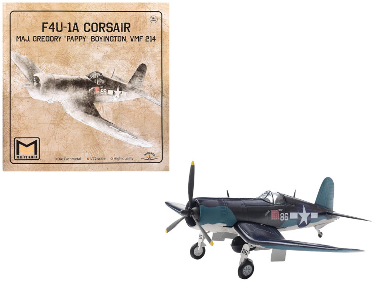 Vought F4U-1A Corsair Fighter Aircraft "Maj. Gregory "Pappy" Boyington VMF 214" United States Marine Corps 1/72 Diecast Model by Militaria Die Cast Vought F4U-1A Corsair Fighter Aircraft "Maj. Gregory "Pappy" Boyington VMF 214" United States Marine Corps 1/72 Diecast Model by Militaria Die Cast