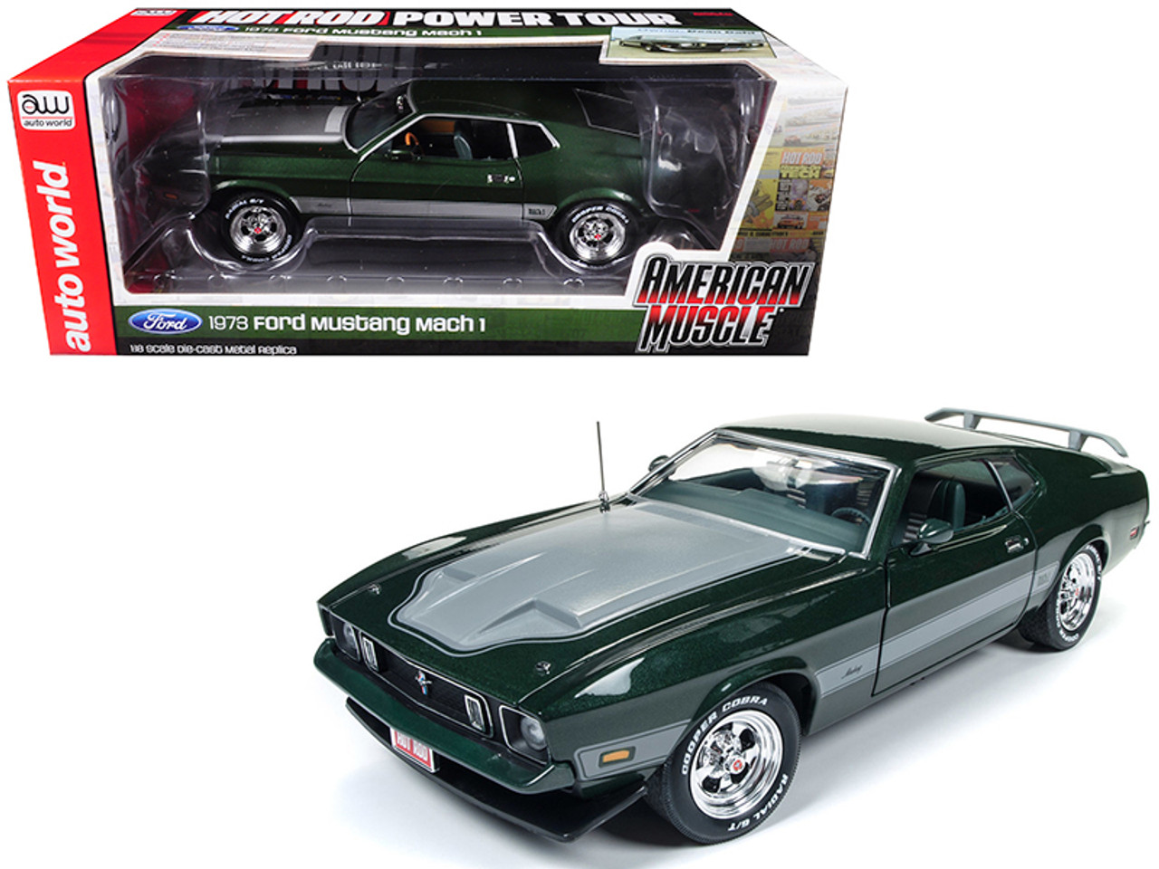 1973 Ford Mustang Mach 1 Dark Green with Silver Stripes from "Hot Rod" Magazine Limited Edition to 1002 pieces 1/18 Diecast Model Car by Autoworld