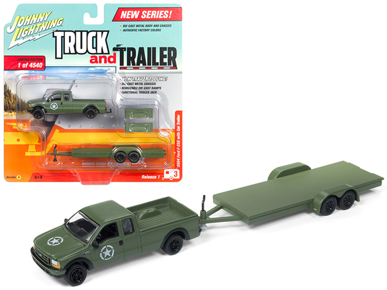 2004 Ford F-250 Army Green with Car Trailer Limited Edition to 4540 pieces Worldwide "Truck and Trailer" Series 1 1/64 Diecast Model Car by Johnny Lightning