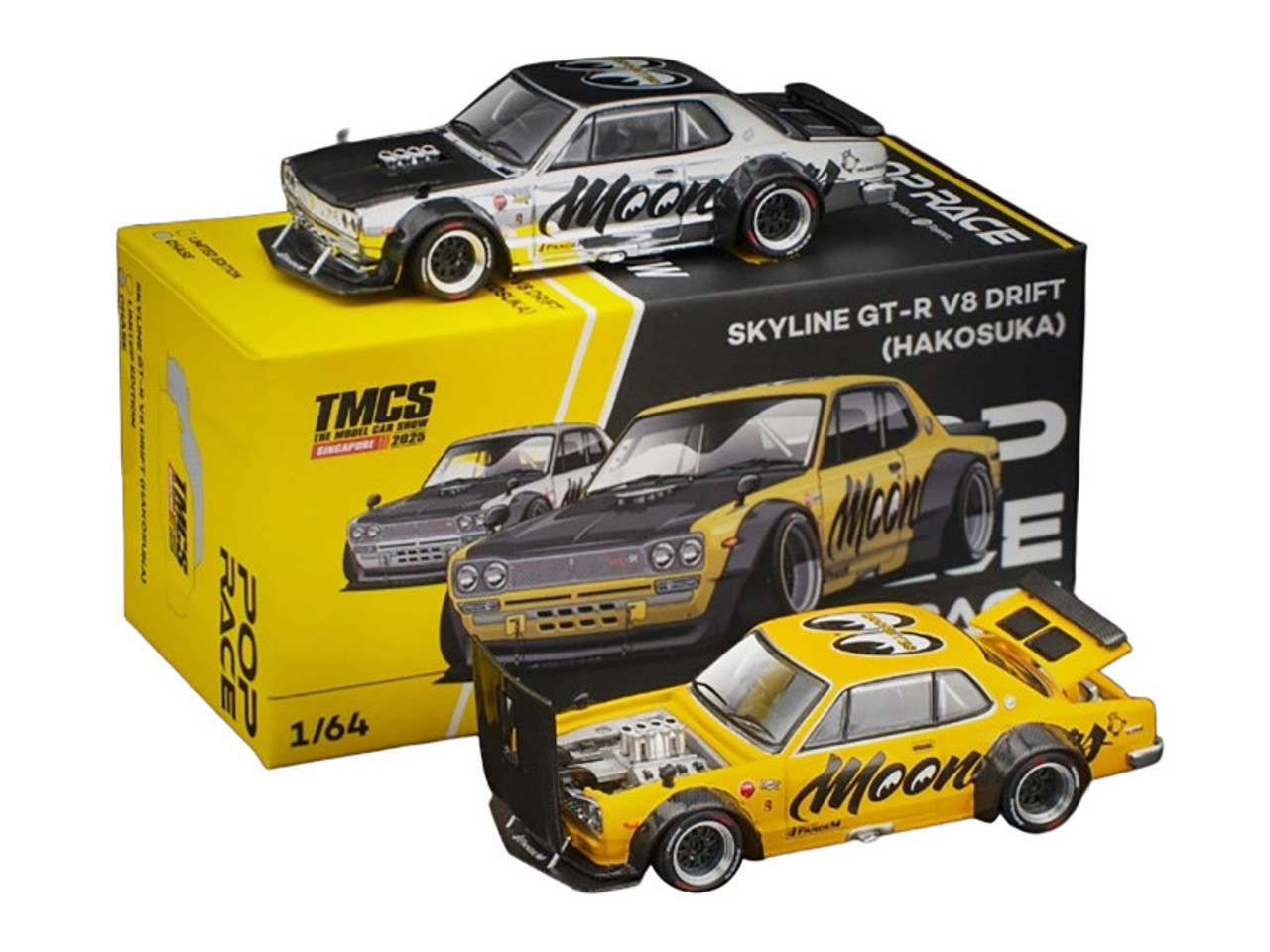 Skyline GT-R V8 Drift "Hakosuka" RHD (Right Hand Drive) "Mooneyes" Yellow with Carbon Hood "The Model Car Show Singapore 2025" 1/64 Diecast Model Car by Pop Race
