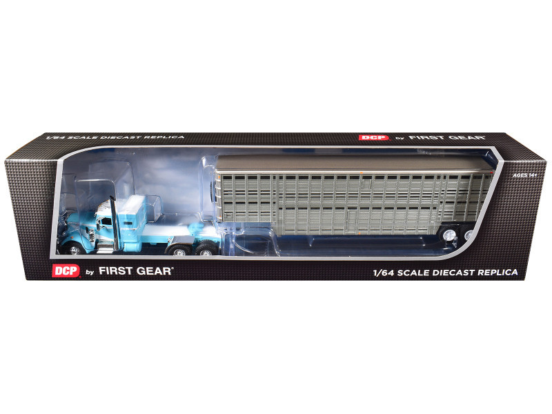 1/64 First Gear Peterbilt Model 351 (Blue) with 36” Vintage Sleeper & 45’ Wilson Vintage Livestock Trailer Diecast Model
