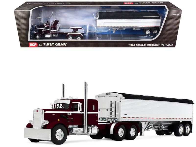 1/64 First Gear Peterbilt Model 351 (Dark Cherry Red) with 36” Sleeper & 34’ Wilson PacesetterTM Grain Trailer Diecast Model