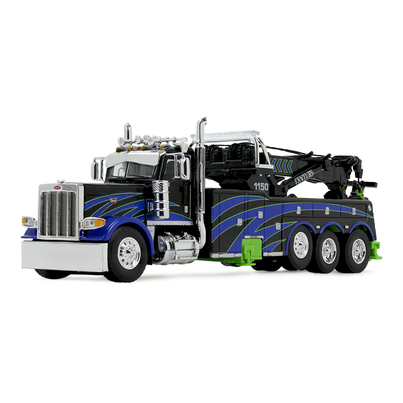 1/64 First Gear Peterbilt Model 389 Day Cab with Miller Century Model 1150 Rotator Wrecker (Black, Green & Blue) Diecast Model