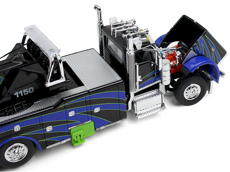 1/64 First Gear Peterbilt Model 389 Day Cab with Miller Century Model 1150 Rotator Wrecker (Black, Green & Blue) Diecast Model