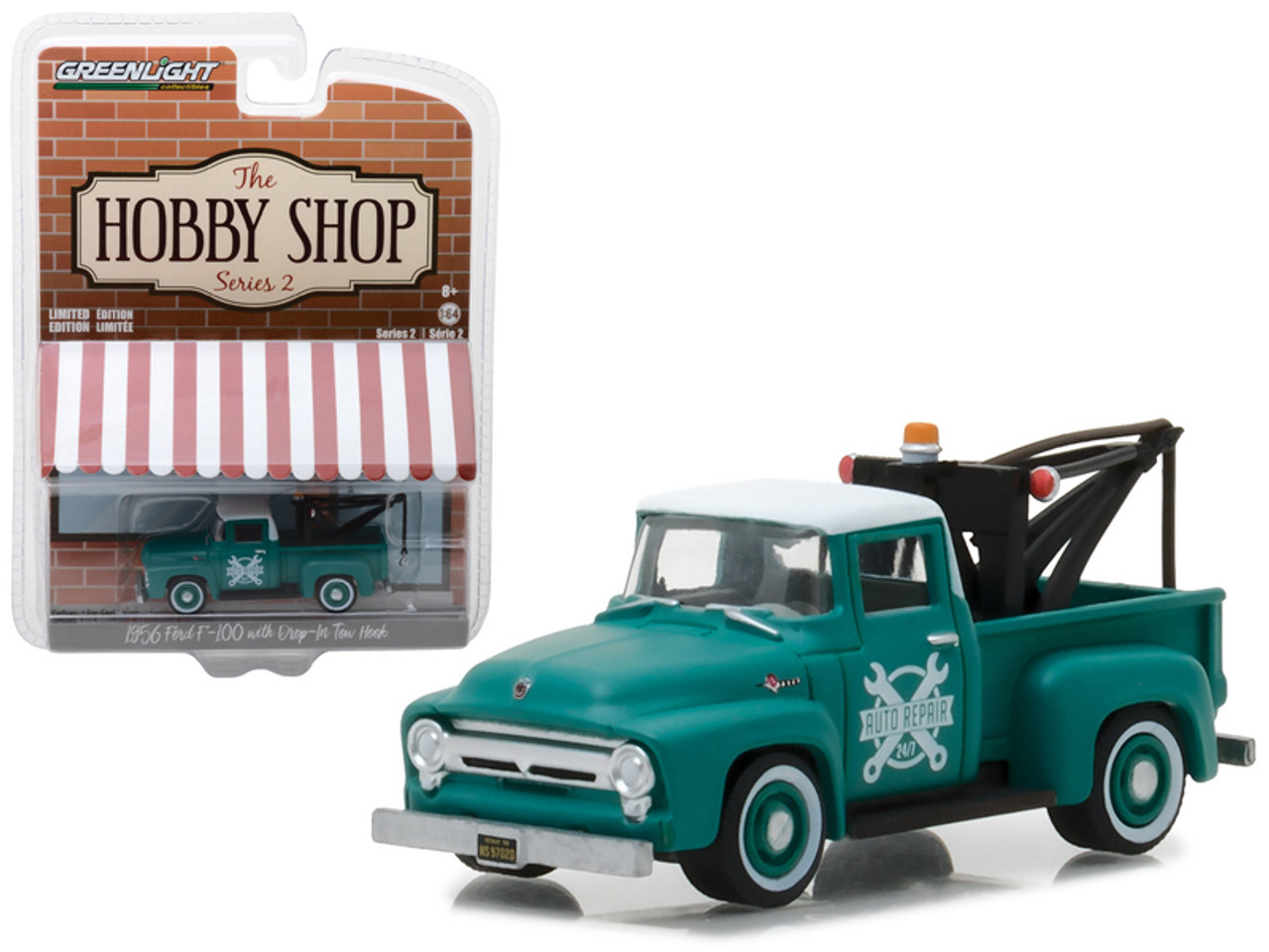 1956 Ford F-100 Green with Drop-in Tow Hook "The Hobby Shop" Series 2 1/64 Diecast Model Car by Greenlight