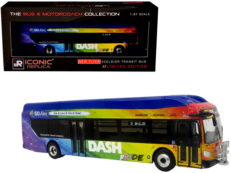 New Flyer Xcelsior XN40 Transit Bus "DASH Pride Livery" Blue with Rainbow Graphics "The Bus & Motorcoach Collection" Limited Edition 1/87 (HO) Diecast Model by Iconic Replicas