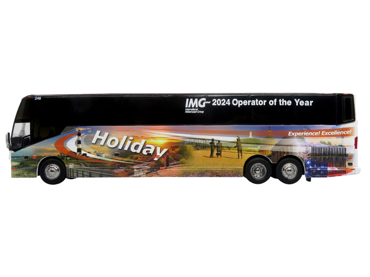 Prevost H3-45 Coach Bus "Holiday Tours - 2024 IMG Operator of the Year" White with Graphics Limited Edition 1/64 Diecast Model by Iconic Replicas