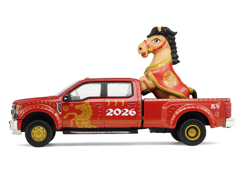 1/64 Greenlight 2022 Ford F-450 Chinese Zodiac 2026 Year of the Horse with Horse Accessory (Red) Diecast Car Model