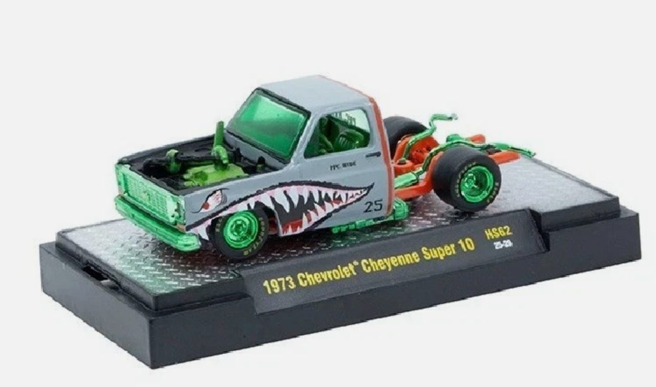 CHASE CAR 1/64 M2 Machines 1973 Chevrolet Cheyenne Super 10 “PFC. HYDE” Shark Face Diecast Car Model