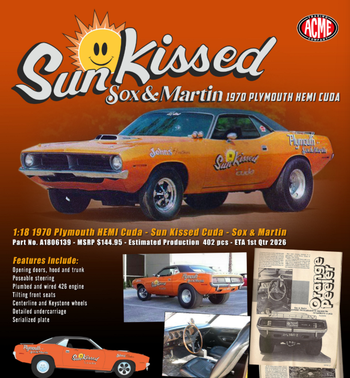 1/18 ACME 1970 Plymouth HEMI Cuda Sun Kissed Cuda Sox & Martin (Orange) Diecast Car Model