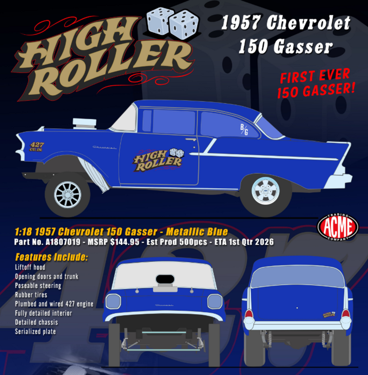 1/18 ACME 1957 Chevrolet 150 Gasser High Roller (Blue) Diecast Car Model