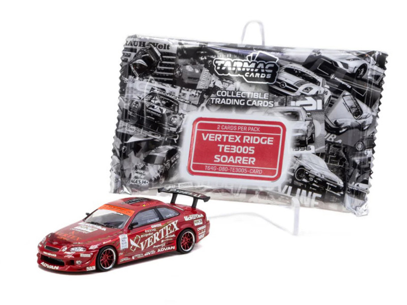 1/64 Tarmac Works Toyota Vertex Ridge TE3005 Soarer (Red) Diecast Car Model with 1 Pack of 2 Collectible Trading Cards