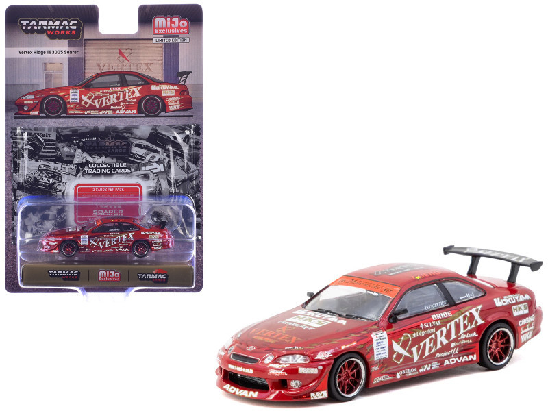 1/64 Tarmac Works Toyota Vertex Ridge TE3005 Soarer (Red) Diecast Car Model with 1 Pack of 2 Collectible Trading Cards