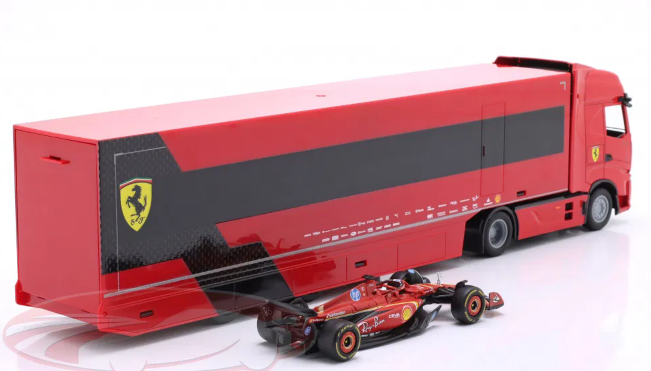 1/43 BBurago Iveco S-Way 570 Formula 1 Race Car Transporter with Ferrari SF-24 #16 Charles Leclerc Model Cars 1/43 BBurago Iveco S-Way 570 Formula 1 Race Car Transporter with Ferrari SF-24 #16 Charles Leclerc Model Cars