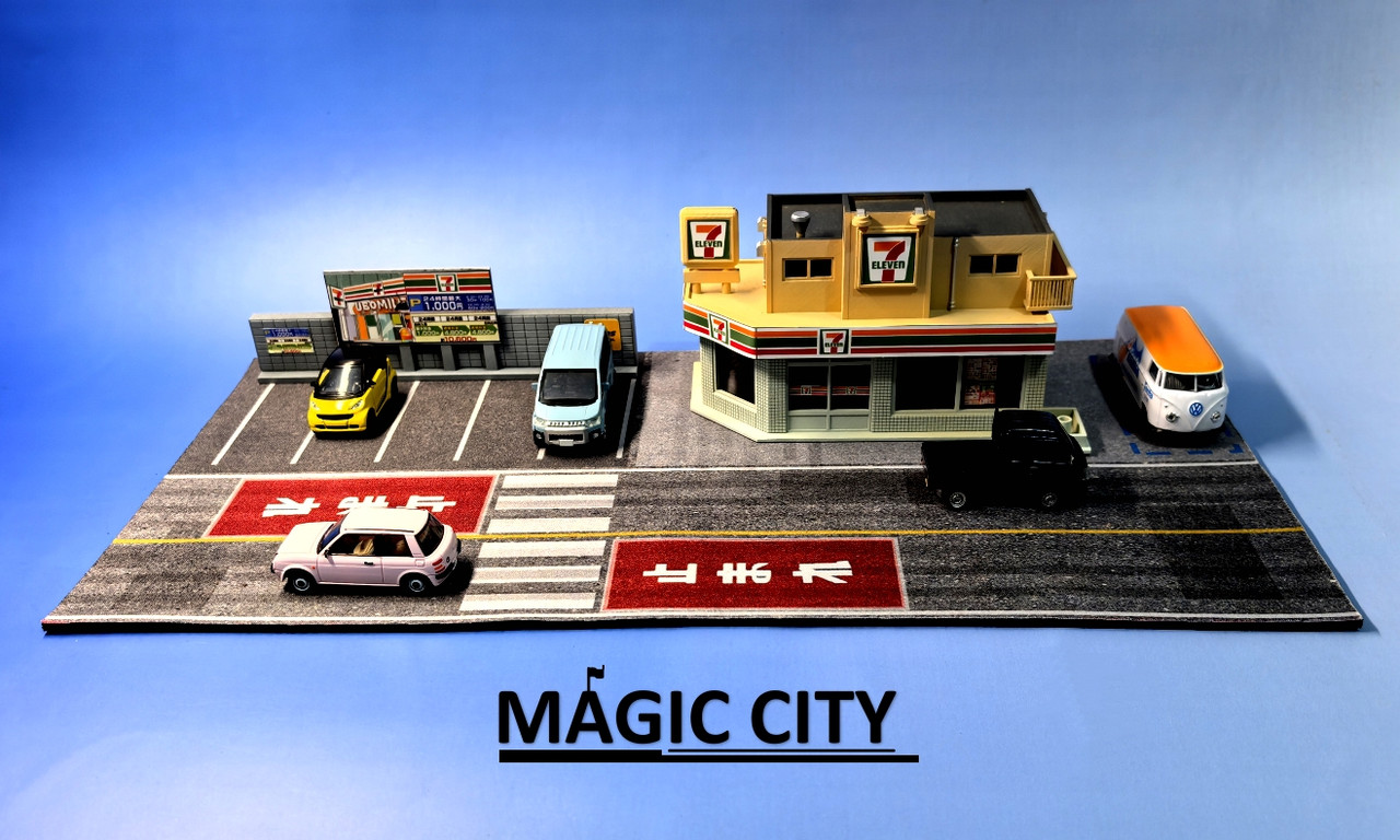 MAGIC CITY 1:64 スケール ミニカーセット 1/64 Magic City Japan 7/11 7 Eleven Building Diorama & Parking Lot