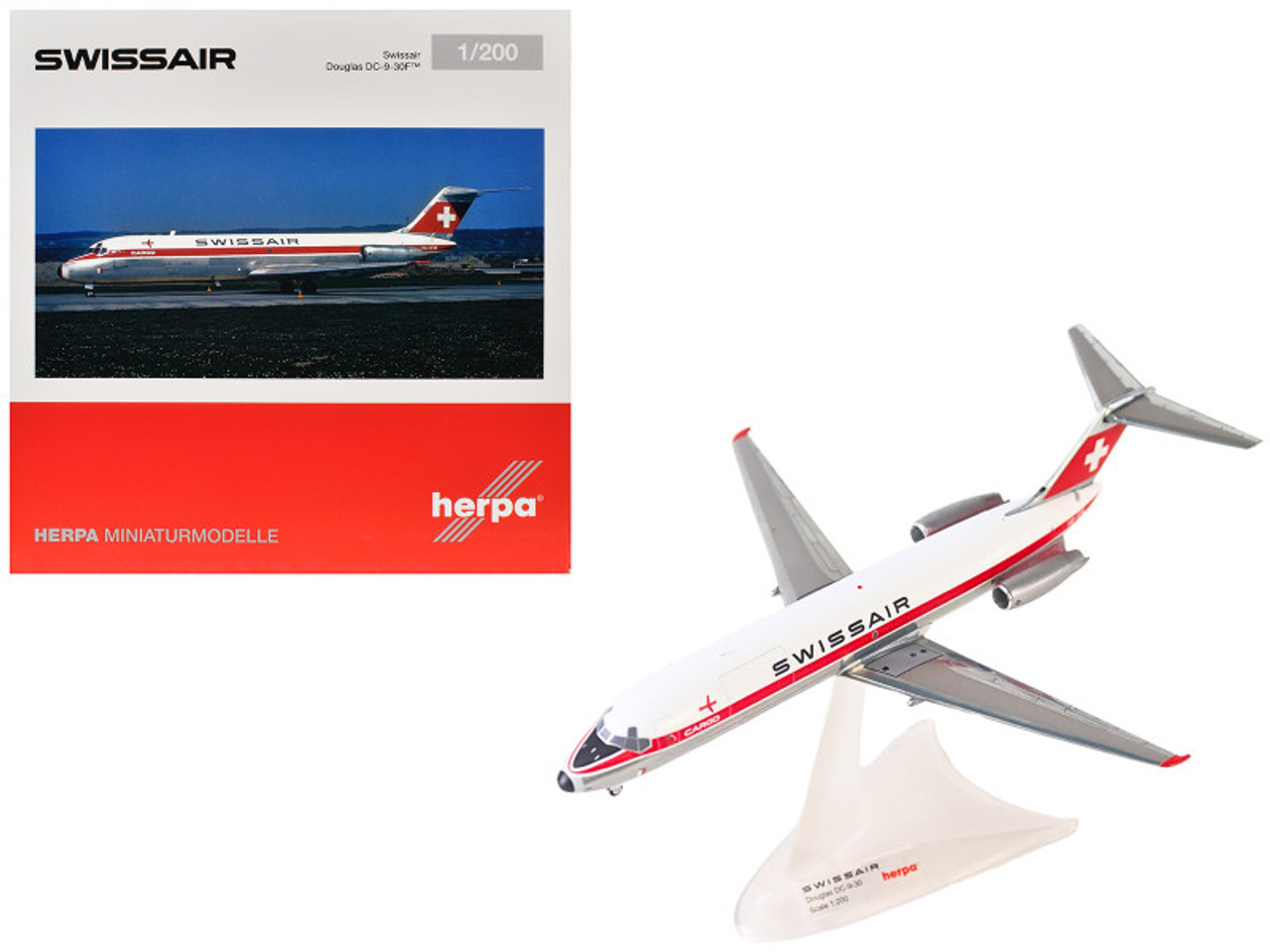 Douglas DC-9-30F Commercial Aircraft "Swissair" (HB-IFW) White with Red Stripes 1/200 Diecast Model Airplane by Herpa Douglas DC-9-30F Commercial Aircraft "Swissair" (HB-IFW) White with Red Stripes 1/200 Diecast Model Airplane by Herpa