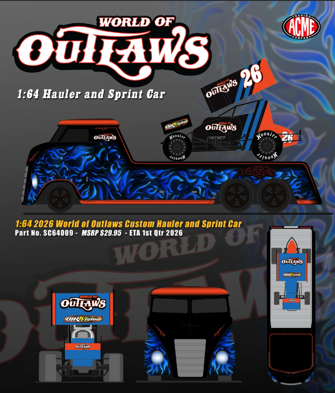 1/64 ACME 2026 World of Outlaws Custom Hauler & Sprint Car Diecast Car Models 1/64 ACME 2026 World of Outlaws Custom Hauler & Sprint Car Diecast Car Models