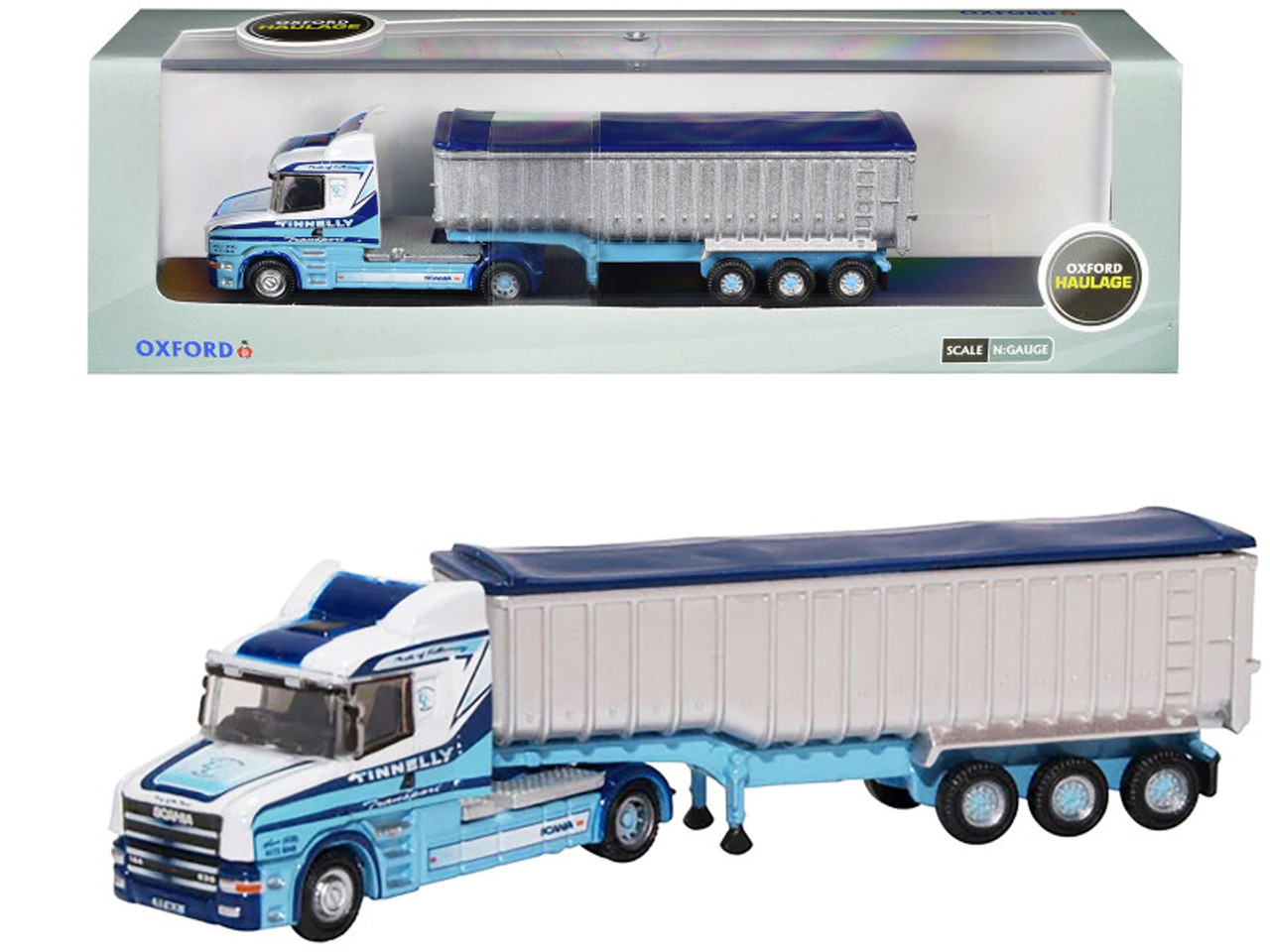 Scania T-Cab Truck RHD (Right Hand Drive) with Covered Dump Trailer "Tinnelly" White with Blue Graphics 1/148 (N) Scale Diecast Model Car by Oxford Diecast Scania T-Cab Truck RHD (Right Hand Drive) with Covered Dump Trailer "Tinnelly" White with Blue Graphics 1/148 (N) Scale Diecast Model Car by Oxford Diecast