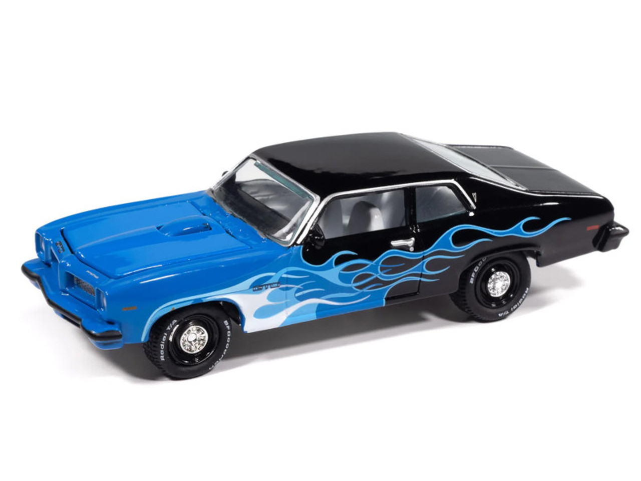 1974 Pontiac GTO Black and Blue with Blue Flame Graphics with White Interior "Black with Flames" Series 1/64 Diecast Model Car by Johnny Lightning 1974 Pontiac GTO Black and Blue with Blue Flame Graphics with White Interior "Black with Flames" Series 1/64 Diecast Model Car by Johnny Lightning