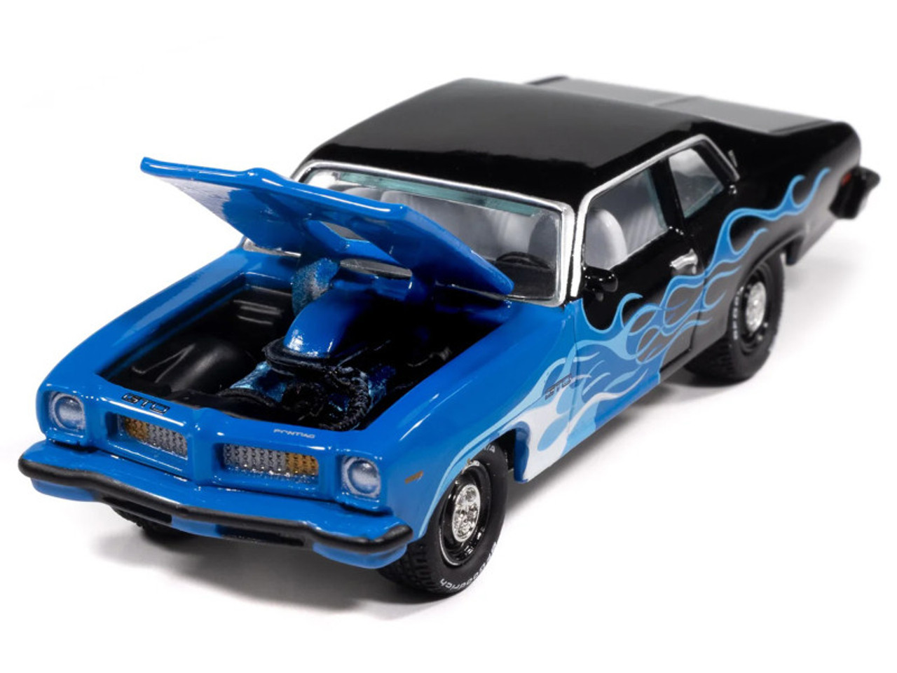 1974 Pontiac GTO Black and Blue with Blue Flame Graphics with White Interior "Black with Flames" Series 1/64 Diecast Model Car by Johnny Lightning 1974 Pontiac GTO Black and Blue with Blue Flame Graphics with White Interior "Black with Flames" Series 1/64 Diecast Model Car by Johnny Lightning