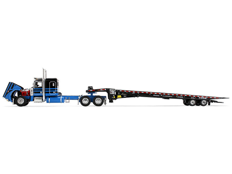 1/64 First Gear Peterbilt Model 389 (Black & Blue) with 48” Flat Top Sleeper & Landoll 440B-50CA Traveling Axle Trailer Diecast Car Model