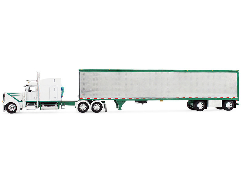 1/64 First Gear Peterbilt Model 389 (White & Green) with 63” Mid-Roof Sleeper & 53’ Utility Trailer Diecast Car Model