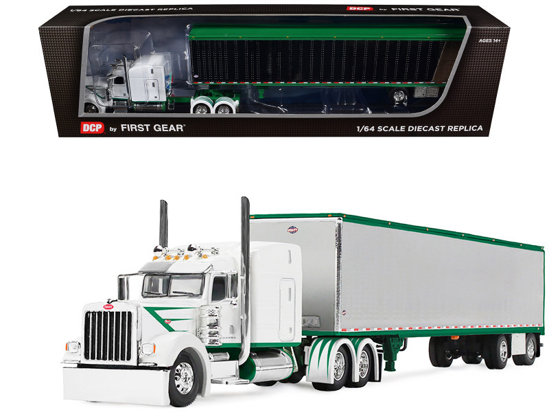 1/64 First Gear Peterbilt Model 389 (White & Green) with 63” Mid-Roof Sleeper & 53’ Utility Trailer Diecast Car Model