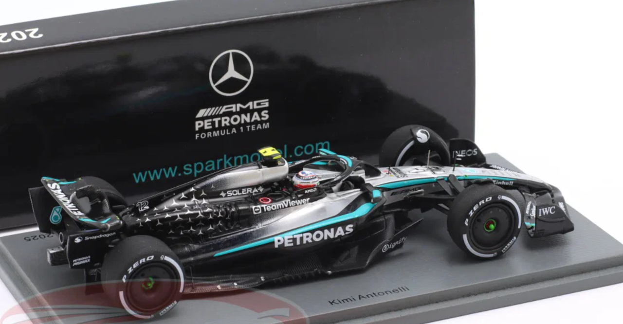 1/43 Spark Mercedes W16 No.12 Mercedes-AMG PETRONAS Formula One Team 4th Azerbaijan GP 2025 Kimi Antonelli Car Model