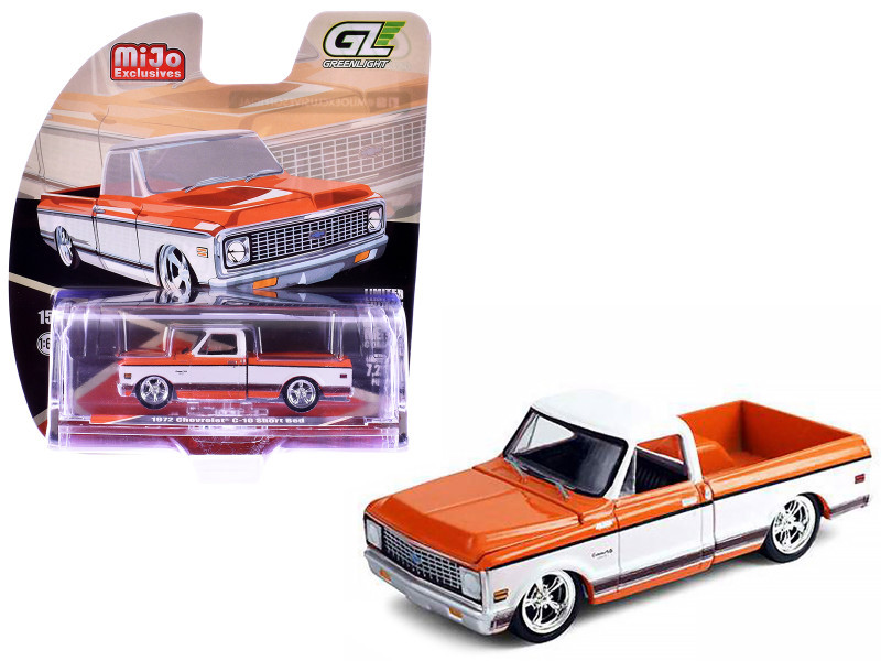 1/64 Greenlight 1972 Chevrolet C-10 Short Bed Custom (Orange with White Two-Tone) Diecast Car Model