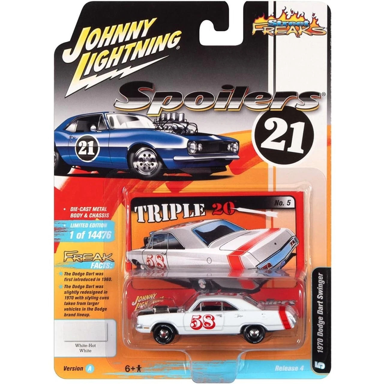 1/64 Johnny Lightning 1970 Dodge Dart #58 (Gloss White with Red Stripe) Diecast Car Model