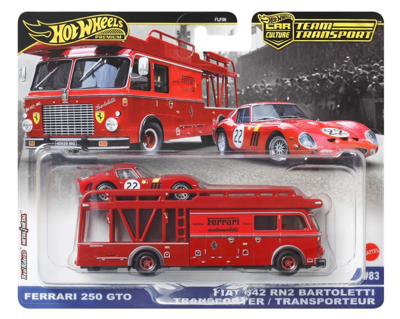 1/64 Hot Wheels Premium Ferrari 250 GTO #22 (Red) with Fiat 642 RN2 Bartoletti Transporter Diecast Car Models