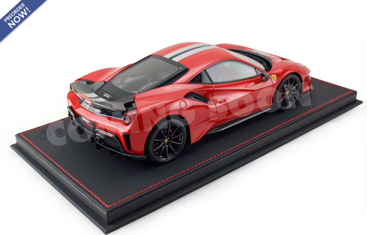 1/18 BBR Ferrari 488 Pista (Rosso Corsa Red with Carbon Fiber Rims & Spoiler) Car Model